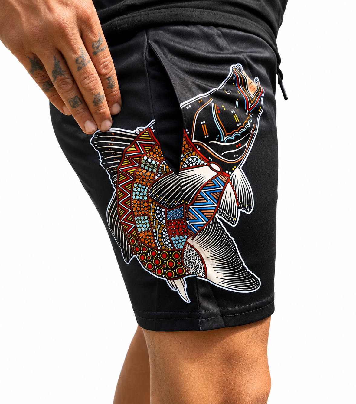 Barramundi Black – Limited Edition Indigenous Footy Shorts with Pockets