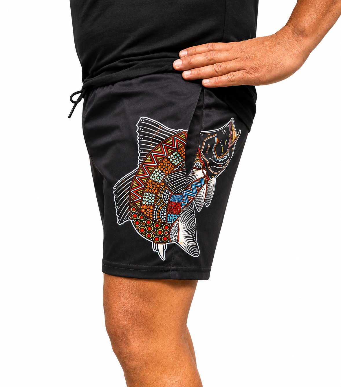 Barramundi Black – Limited Edition Indigenous Footy Shorts with Pockets