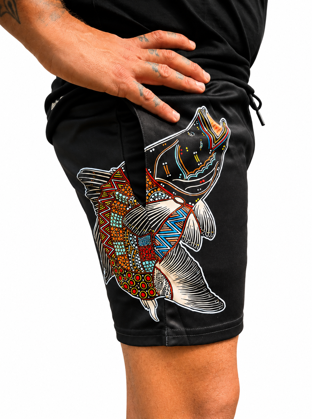 Barramundi Black – Limited Edition Indigenous Footy Shorts with Pockets