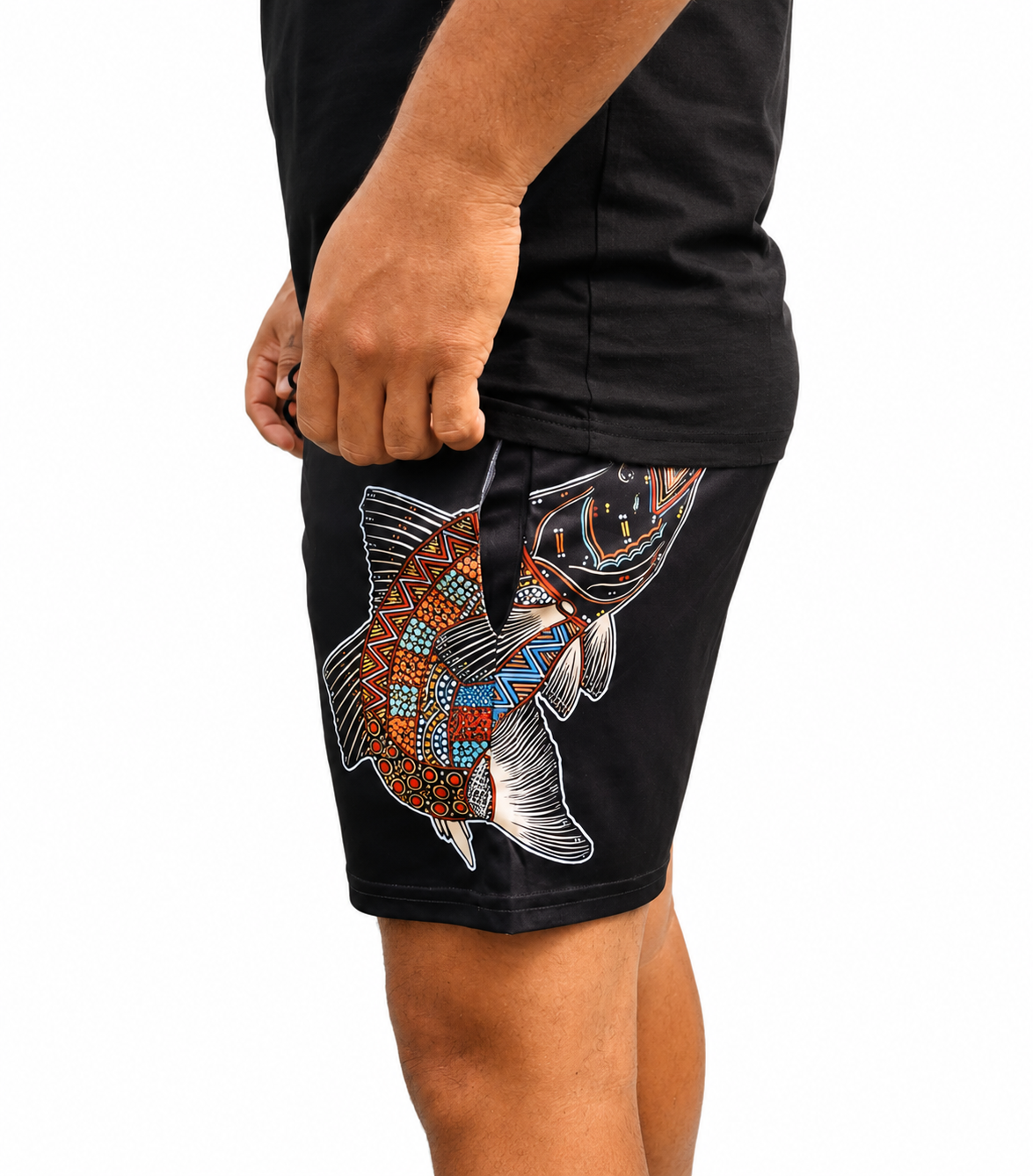 Barramundi Black – Limited Edition Indigenous Footy Shorts with Pockets