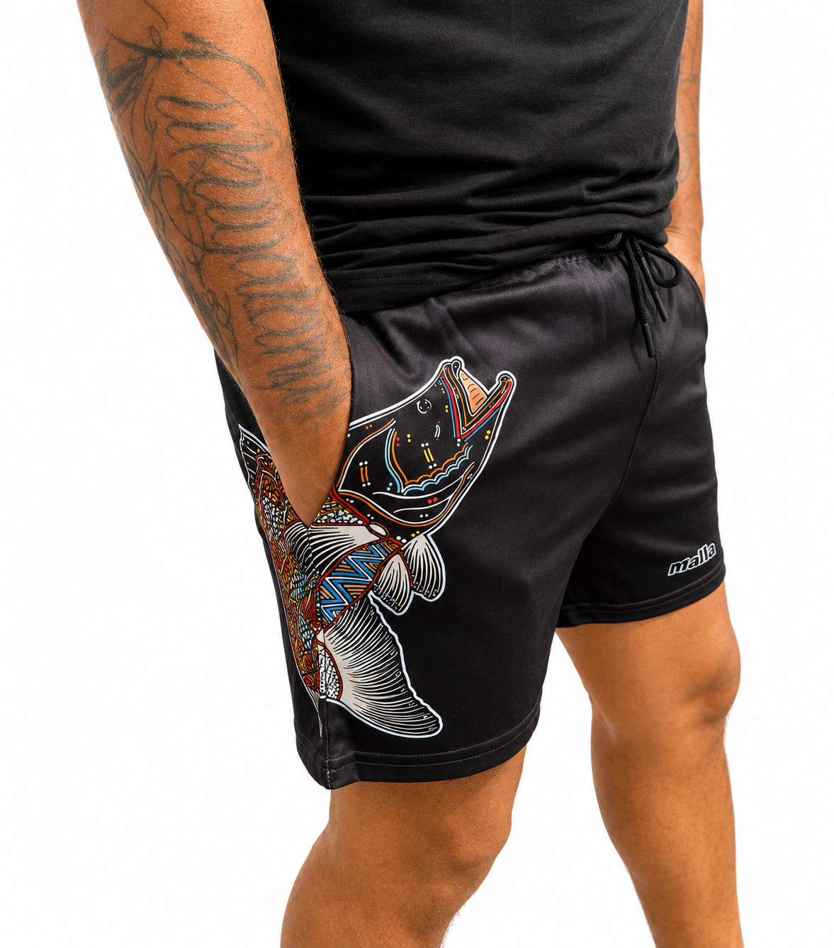 Barramundi Black – Limited Edition Indigenous Footy Shorts with Pockets