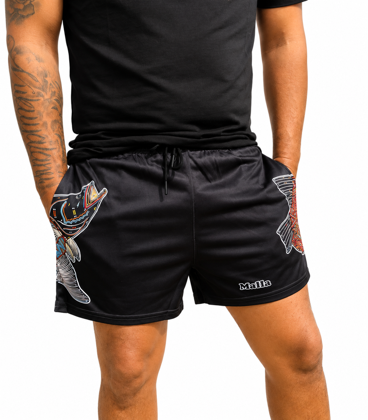 Barramundi Black – Limited Edition Indigenous Footy Shorts with Pockets