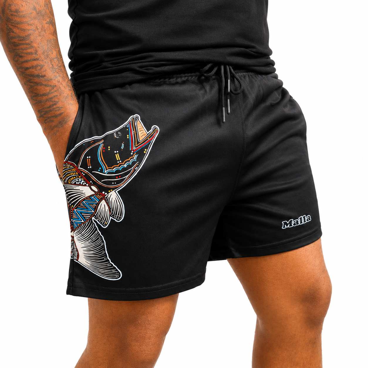 Barramundi Black – Limited Edition Indigenous Footy Shorts with Pockets